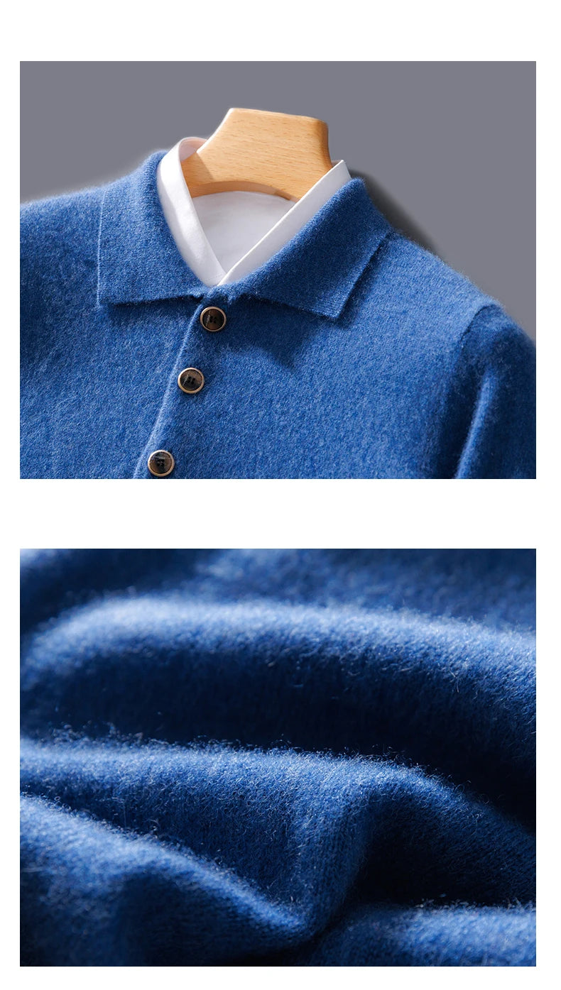 Autumn And Winter New 100 Pure Wool Sweater Men's POLO Collar Button Loose Pullover Sweater Cashmere Knitted Bottoming Shirt