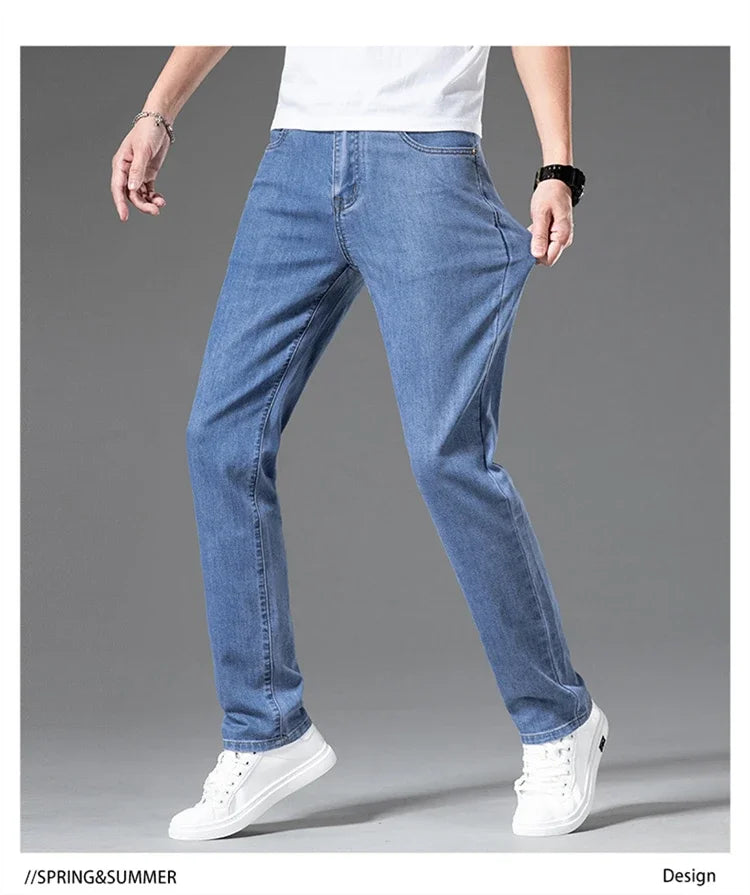 2026 Stretch Men's Fitted Straight Jeans Korean Youthful Vitality Spring Summer Thin Breathable Cotton  Lightweight Trousers
