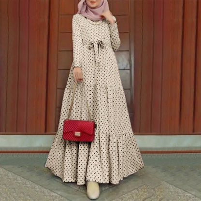Polka Dot Muslim Dress Ruffle Belted Waist Women'S Dresses Long Sleeve Button Down Abaya Casual Vestidos Kaftan Dubai Long Robe