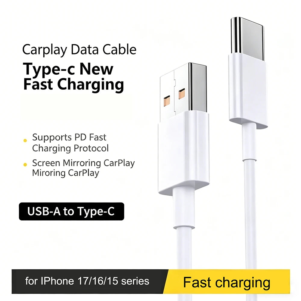 Carplay Cable Car Charger Cord USB A to Type C Cable Fast Charging Data Transfer for iPhone 17 16 15 Mobile Phone 1m 1.5m 2m