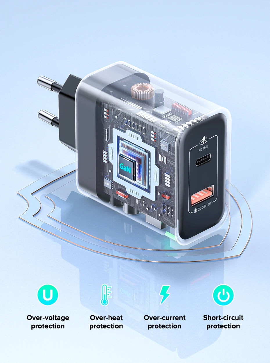 QOOVI GaN 45W USB Charger Fast Charging USB Type C Wall Charger PD QC3.0 Quick Charge For iPhone Samsung S23 S21 Laptop Tablet
