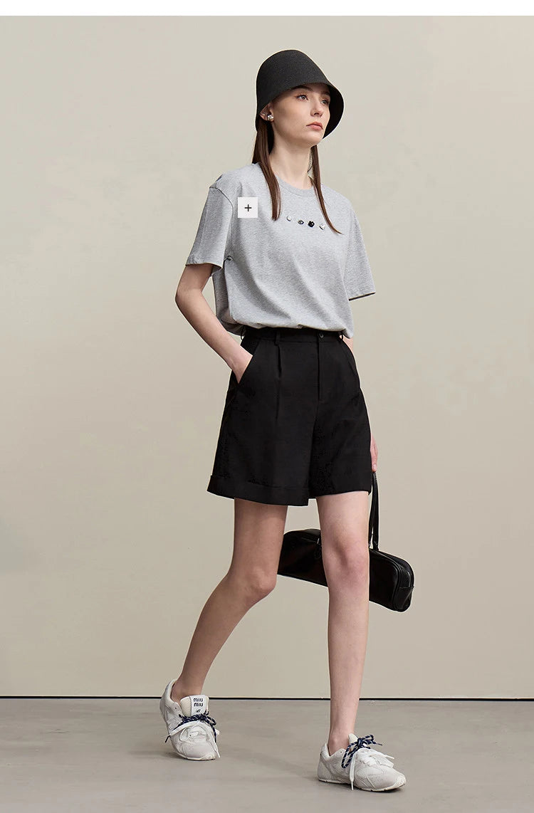 Amii Women's Shorts 2026 Summer New Rolled Casual Cotton Pants Cuffed Hem Solid Color Versatile Basic Woman Clothes 12622140