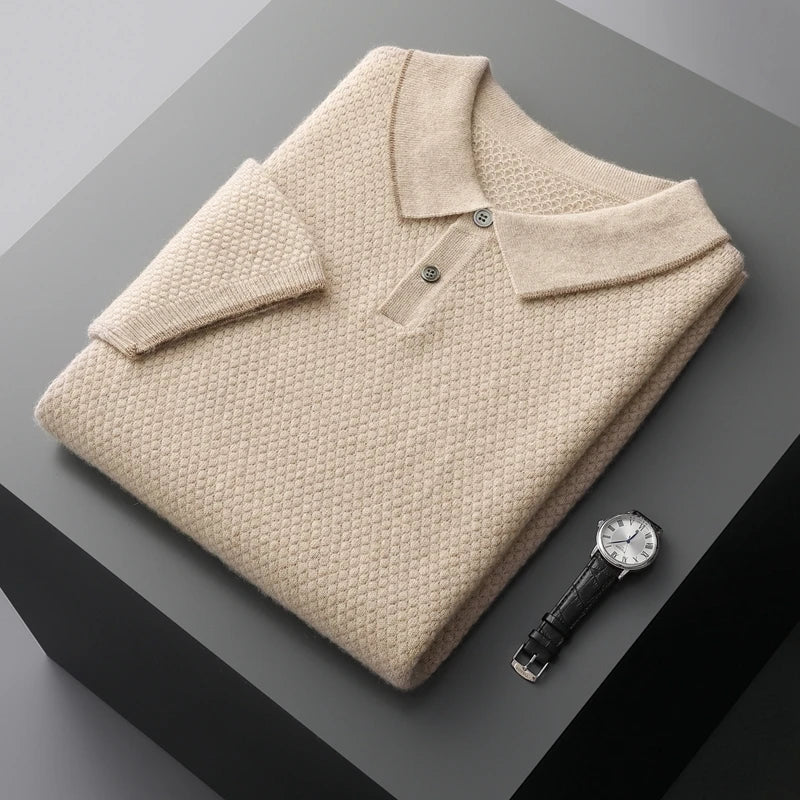 ZOCEPT 100% Cashmere Short Sleeve Sweater Autumn Winter New Casual Business Knitted Button-up Polo Collar Pullover for Men