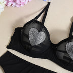 Ellolace Daring Women's Lingerie Sets Fancy Sexy Bra Belt Thong 3PC with Leg Circles Romantic Heart Rhinestone Women Underwear
