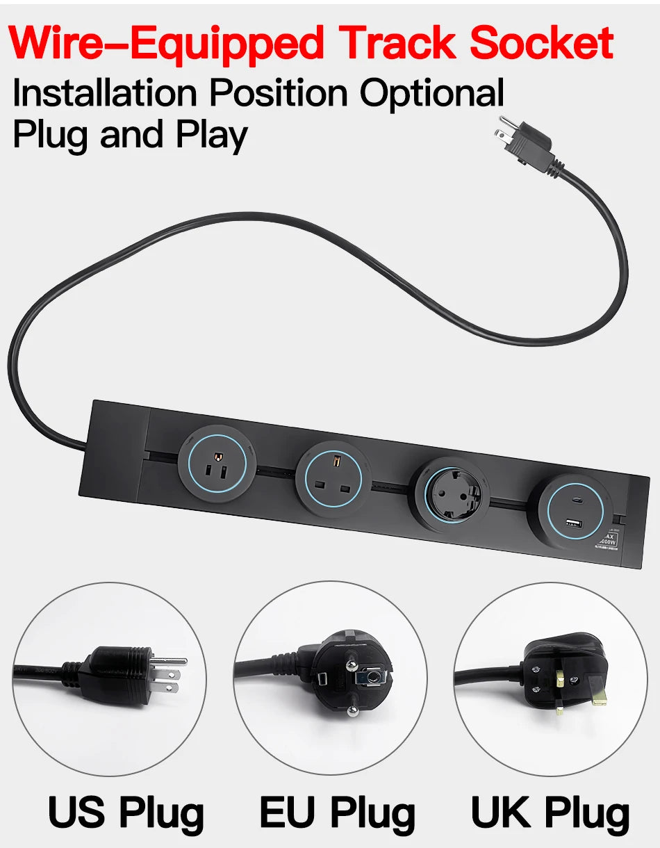 Wall Mounted Power Track Socket US EU UK Plug Adapter 40/50cm Office Electrical Outlet Wall socket USB Type C Grey Black