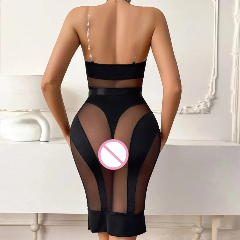 Elegant Hot Sexy Lingerie See Through Bodysuit Half Dress 2PC Set Seductive Splicing Party Queen Costume Erotic Underwear