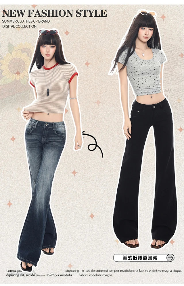 2026 New Ladies American Vintage Washed Micro Flare Denim Pants High Waist Slim Lazy Floor-Length Retro Street Long Jeans
