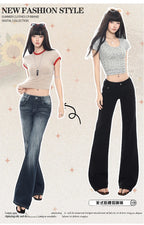 2026 New Ladies American Vintage Washed Micro Flare Denim Pants High Waist Slim Lazy Floor-Length Retro Street Long Jeans