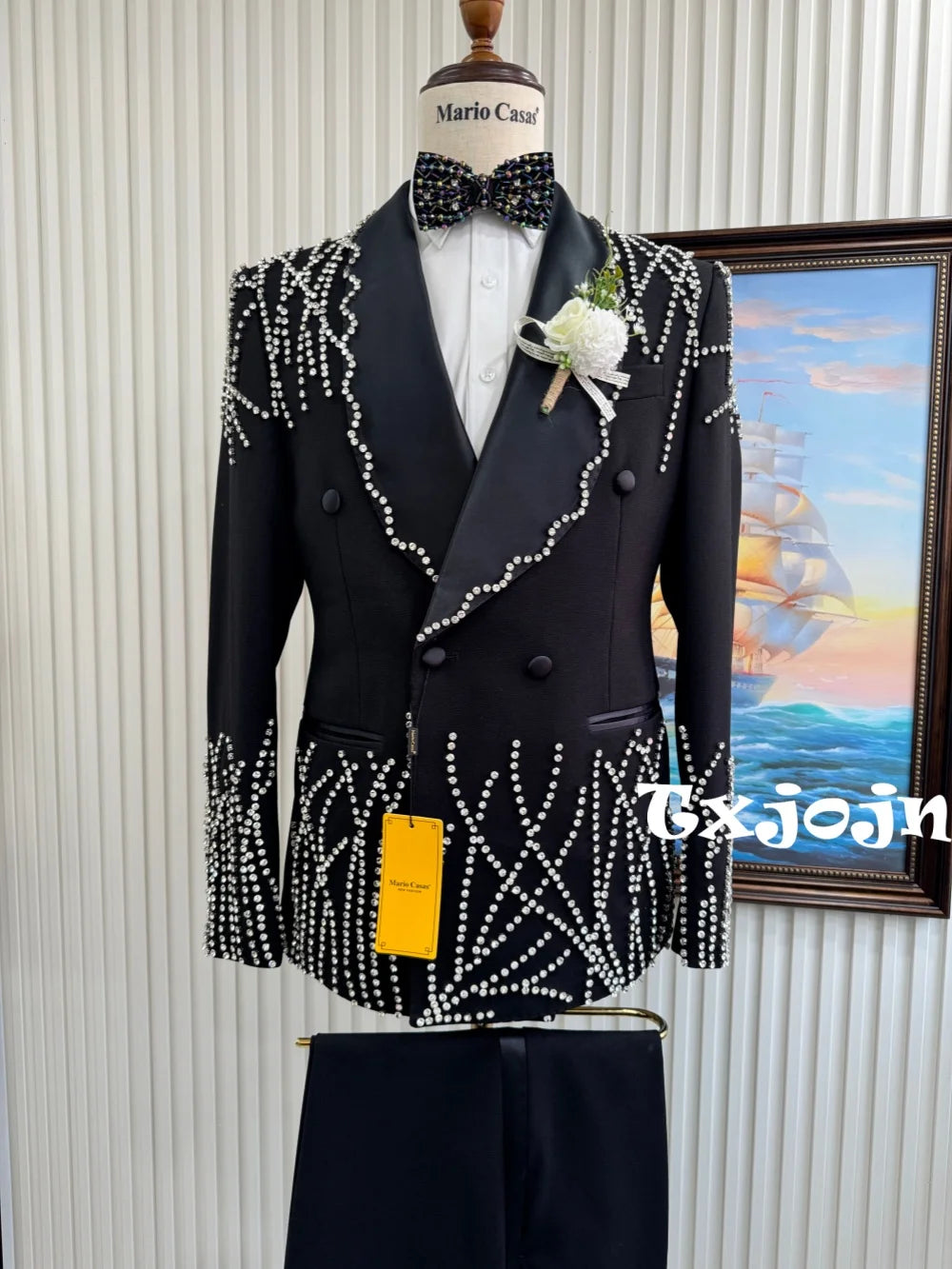 Men's Silver Beaded Suit Set 2 Pieces Formal Party Wear Premium Double Breasted Tuxedo For Men Elegant Slim Fit Suits S-3XL