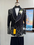 Men's Silver Beaded Suit Set 2 Pieces Formal Party Wear Premium Double Breasted Tuxedo For Men Elegant Slim Fit Suits S-3XL