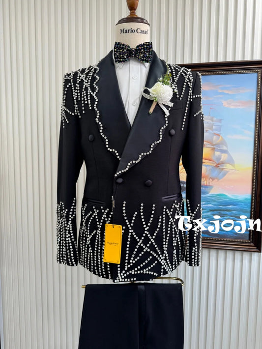 Men's Silver Beaded Suit Set 2 Pieces Formal Party Wear Premium Double Breasted Tuxedo For Men Elegant Slim Fit Suits S-3XL