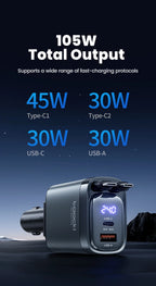 Toocki 105W Car Charger USB C Retractable Cable 0.75m PD 45W QC 3.0 SCP SFC2.0 PPS Fast Charging for iPhone 17 16 Samsung Tablet