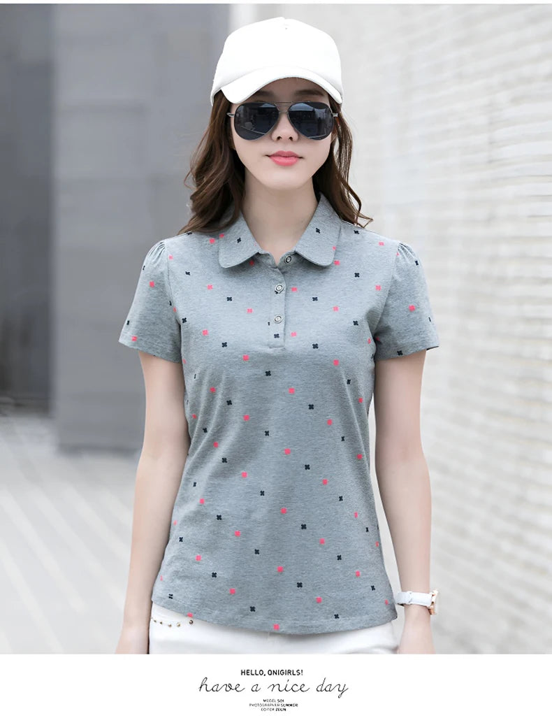 Women's Summer Cotton Shirt - Slim Fit Foldable Flip Collar Short Sleeve Printed Casual Top Trendy Button Design Fashion