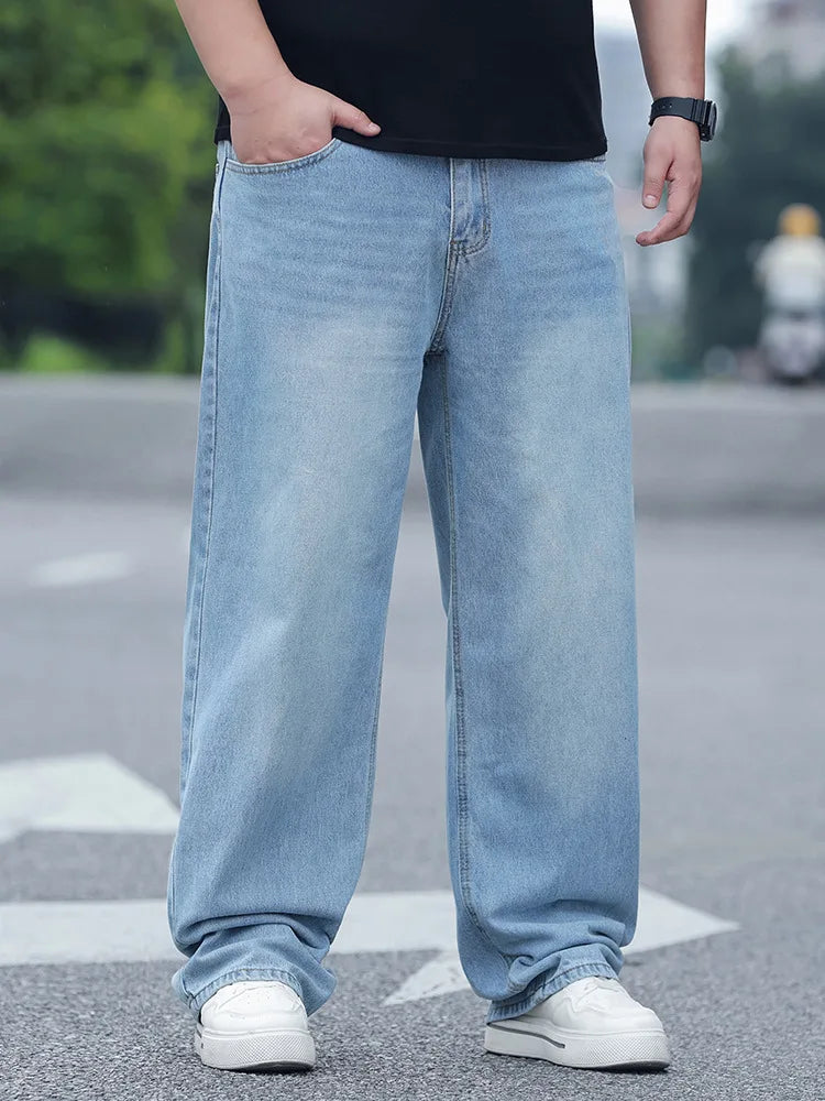 FENROOST Plus Size Men's High Waist Straight Leg Jeans Four Seasons Loose Baggy Denim Trousers Casual Versatile Long Pants New