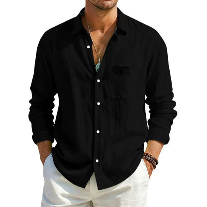 Men's Summer Long Sleeve Shirt Solid Color Loose Cotton Linen Shirt With Pockets Summer Breathable Fashion Casual Shirts for Men