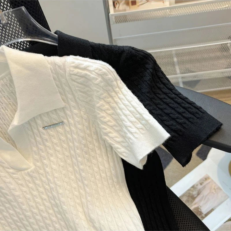 Summer Women's Polo-neck Short-sleeved Shirt Ice Silk Twist Stripe Knitting T-Shirt Thread Loose Minimalist Lapel Pullover Tees
