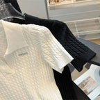 Summer Women's Polo-neck Short-sleeved Shirt Ice Silk Twist Stripe Knitting T-Shirt Thread Loose Minimalist Lapel Pullover Tees