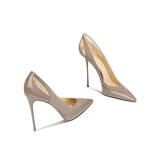 French style gray patent leather patchwork design with a sense of autumn new style pointed toe slim heel high heels for women