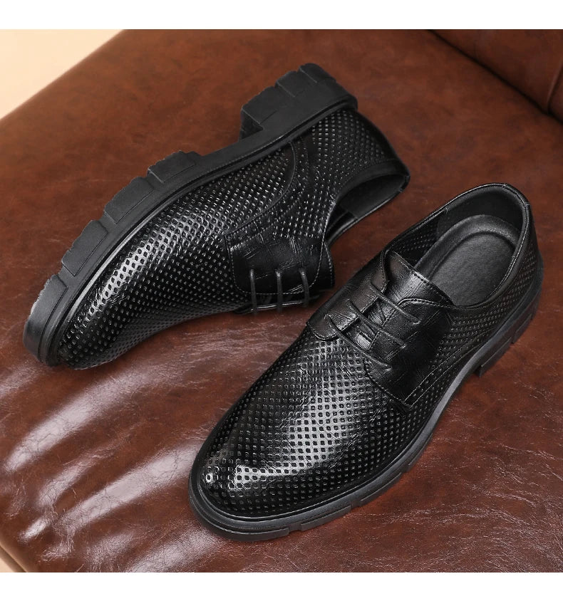 New Men Hollow Summer Platform High Heel 5/8/10 CM Height Growth Formal Men Derby Leather Shoes Man Wedding Dress Shoes Elevator