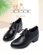 CINESSD 2023 New Fashion Lace Leather Platform Pumps Korean Style Casual Waterproof Pointed Toe Shoes for Women Spring Autumn
