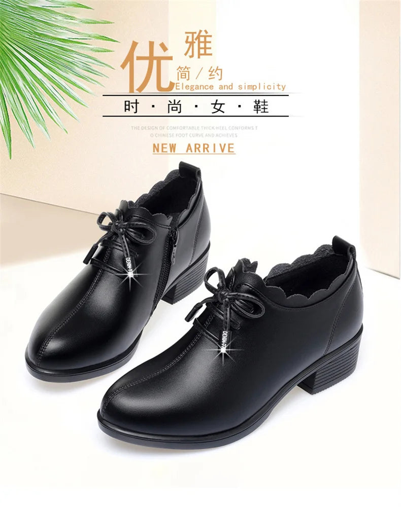 CINESSD 2023 New Fashion Lace Leather Platform Pumps Korean Style Casual Waterproof Pointed Toe Shoes for Women Spring Autumn