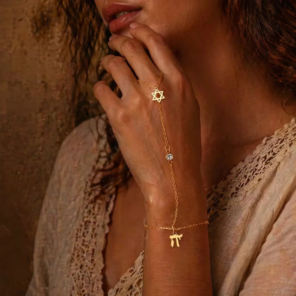 Jewish Star of David Hebrew Letter Chai Finger Bracelet Stainless Steel Adjustable Hexagram Zircon Bracelets Amulet Jewelry