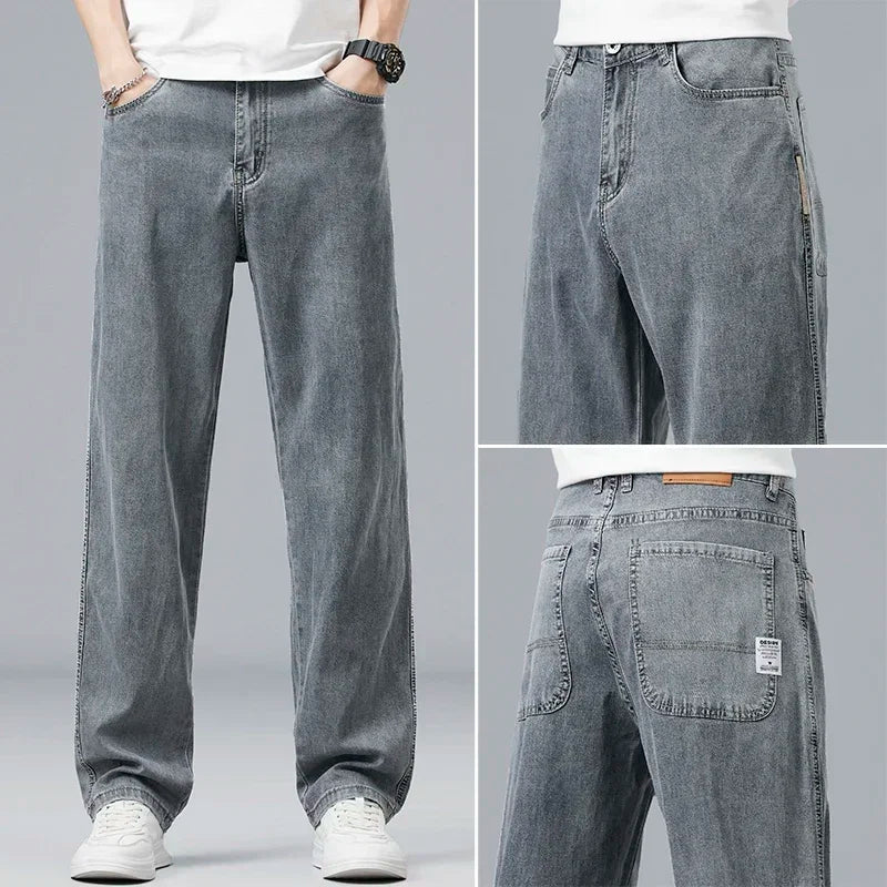 2026 New Summer Ultra-thin Lyocell Men's Jeans Drape Soft Fabric Loose Straight Casual Denim Pant Elastic Ice Silk Male Trousers