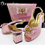 Queena Yan  2025 Shiny Italian Fashion Pointed Toe Women Heel Fashion Rhinestone Decoration Pink Color Shoes And Bag Set