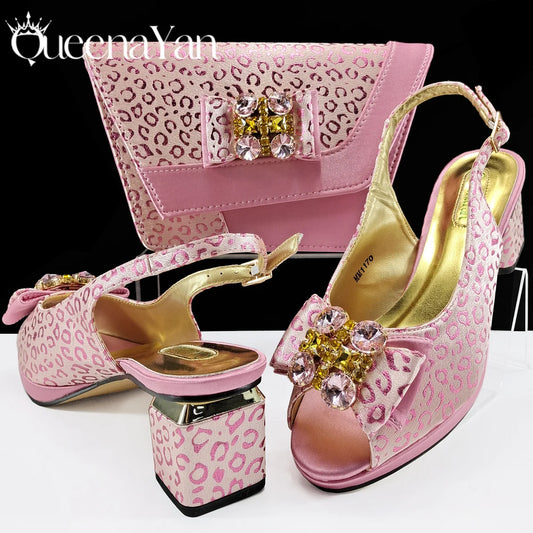 Queena Yan  2025 Shiny Italian Fashion Pointed Toe Women Heel Fashion Rhinestone Decoration Pink Color Shoes And Bag Set