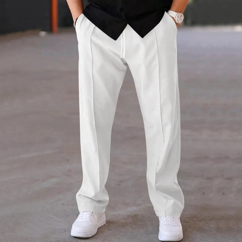 Men Casual LooseStraight Leg Dress Pants Elastic Drawstring Waist Front Seam Plain Wide Leg Trousers Daily Street Vacation Relax