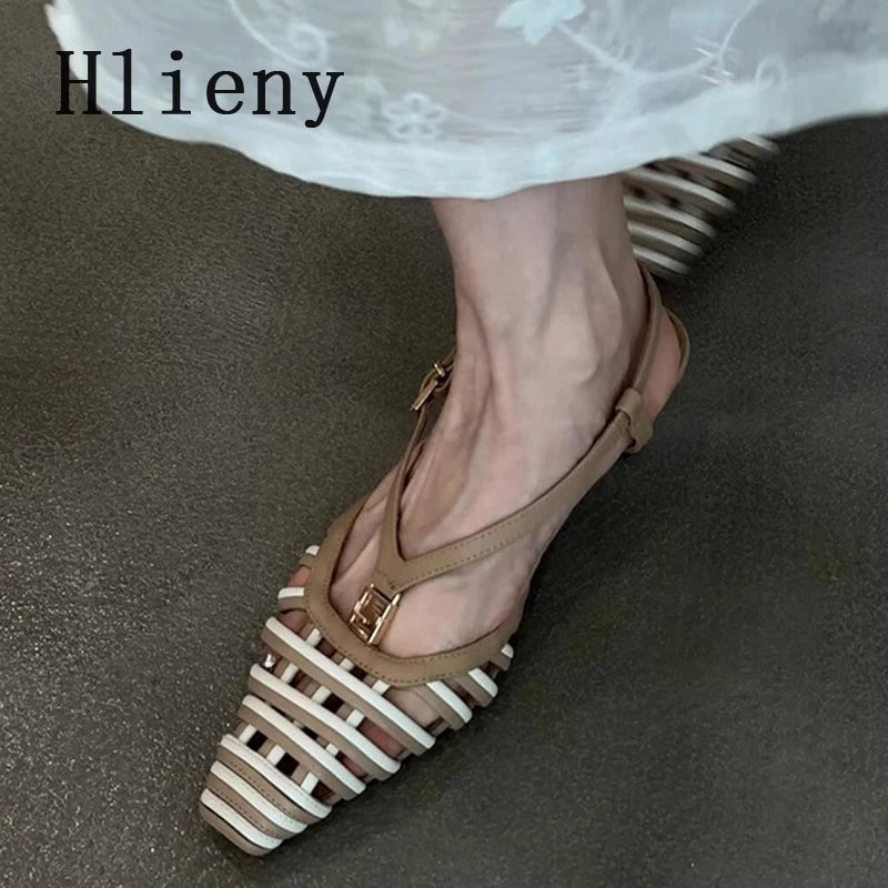 Hlieny Fashion Hollow Out Metal Buckle Woman's Pumps Summer Square Toe Slingback Shoes Low Thin Heels Mules Sandals Women Brown