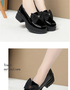 Spring Women British Style Shallow Patent Leather Black Loafers Thick Bottom Bow Platform Shoes 2024 Med Heels Single Pumps