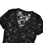 JULISSA MO Sexy Deep V-neck Sheer Lace Women T-shirt Black Short Sleeve Floral T-shirt Summer Skinny Casual Vacation Streetwear