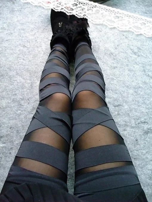 Fashion Elastic Black Bandage Pants Femme Punk Rock Trouser Sexy Leggings Mesh Women Leggins Gothic Slim Streetwear Leggings