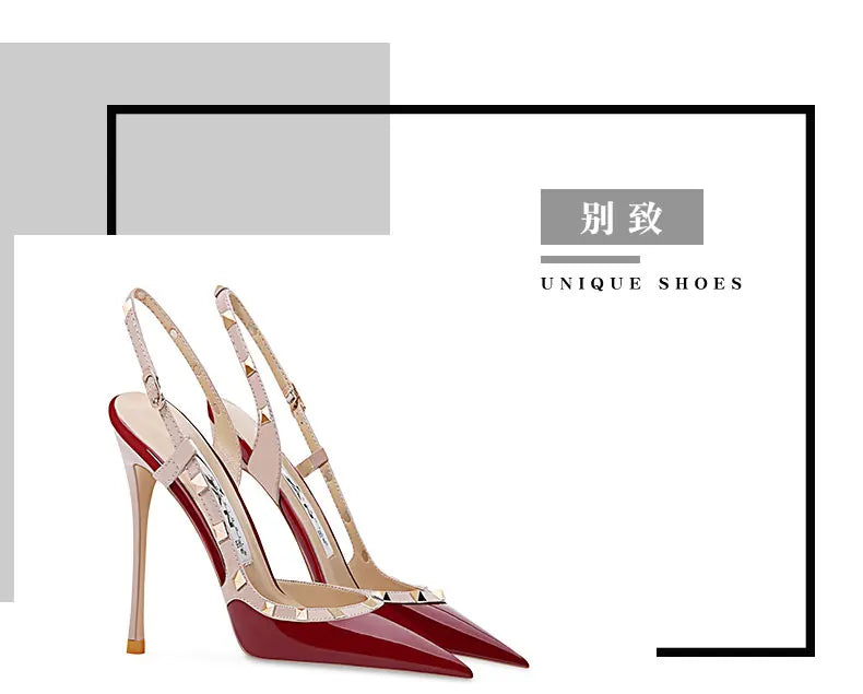 New Sexy Wine Red European and American High Heels for Women Slim Heels Pointed Toes, Shallow Mouth, Riveted Single Shoe Sandals