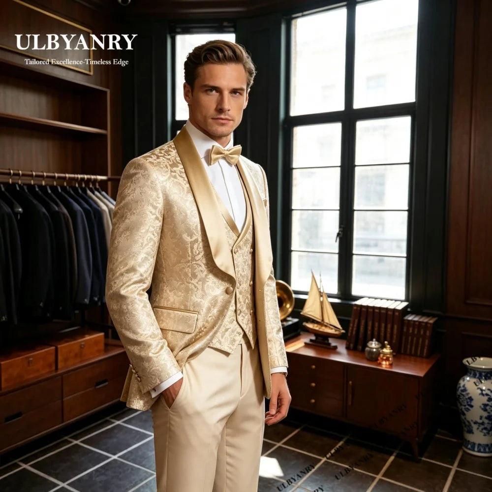 ULBYANRY Brand Selection Men's Jacquard Suit Set for Men, EU44-EU62 Plus Size Avaliable 3-piece Suit Attire Costume Tuxedo