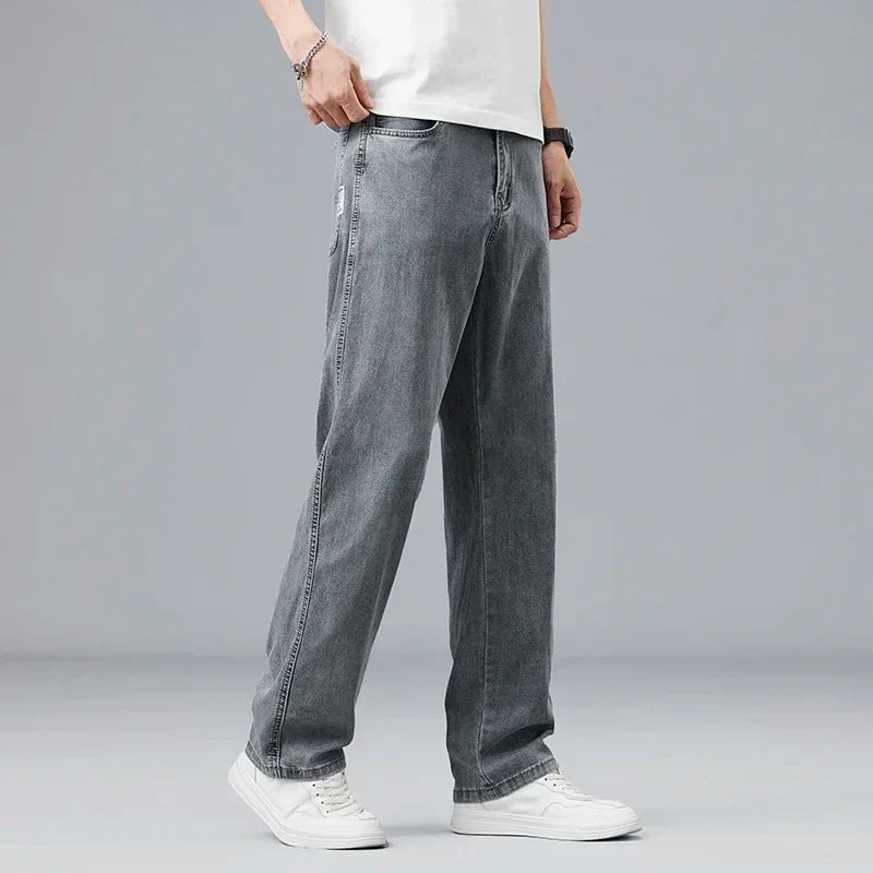 2026 New Summer Ultra-thin Lyocell Men's Jeans Drape Soft Fabric Loose Straight Casual Denim Pant Elastic Ice Silk Male Trousers