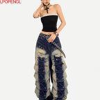 Fashionable Retro Embroidered Personalized Irregular High Waisted Jeans 2026 New Women Loose Oversized Streetwear Wide Leg Pants