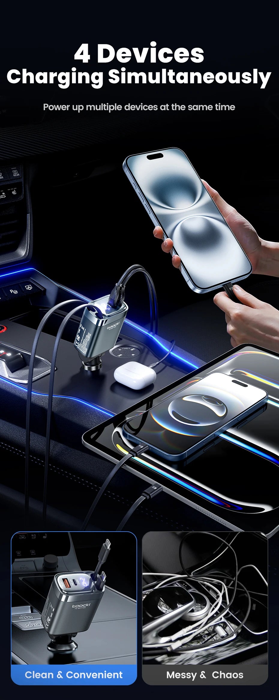 Toocki 105W Car Charger USB C Retractable Cable 0.75m PD 45W QC 3.0 SCP SFC2.0 PPS Fast Charging for iPhone 17 16 Samsung Tablet
