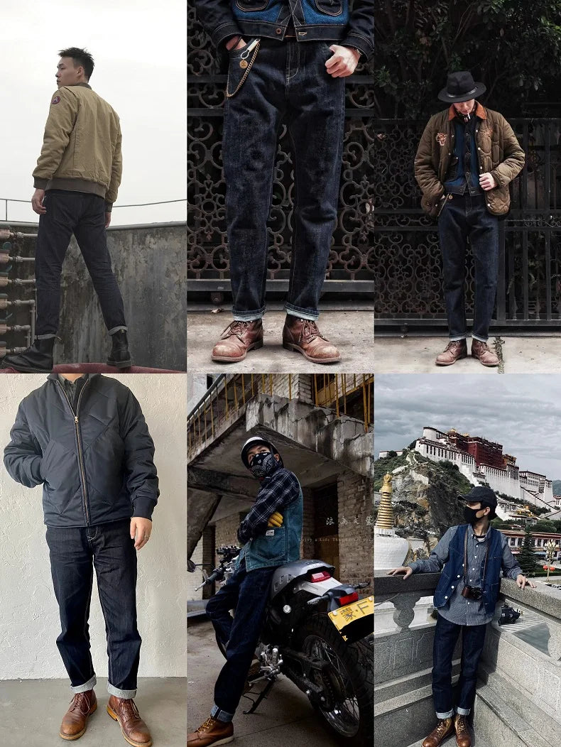 Maden Men's 14oz Raw Selvedge Denim Jeans Vintage Straight Fit Horsehide Leather Patch Paris Buckle Jeans for Autumn and Winter