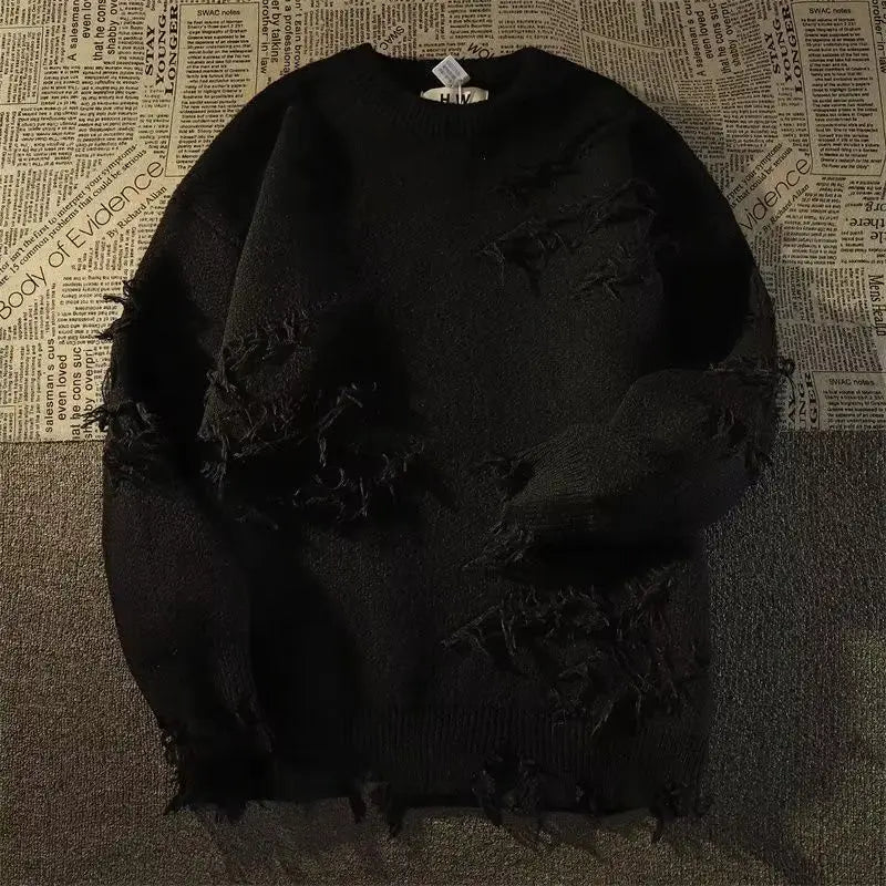 2026 Fashionable Youthful Style Men New Retro Hole Fringed SLong Sleeve Sweater Loose Versatile Sweater Autumnand y2k Streetwear