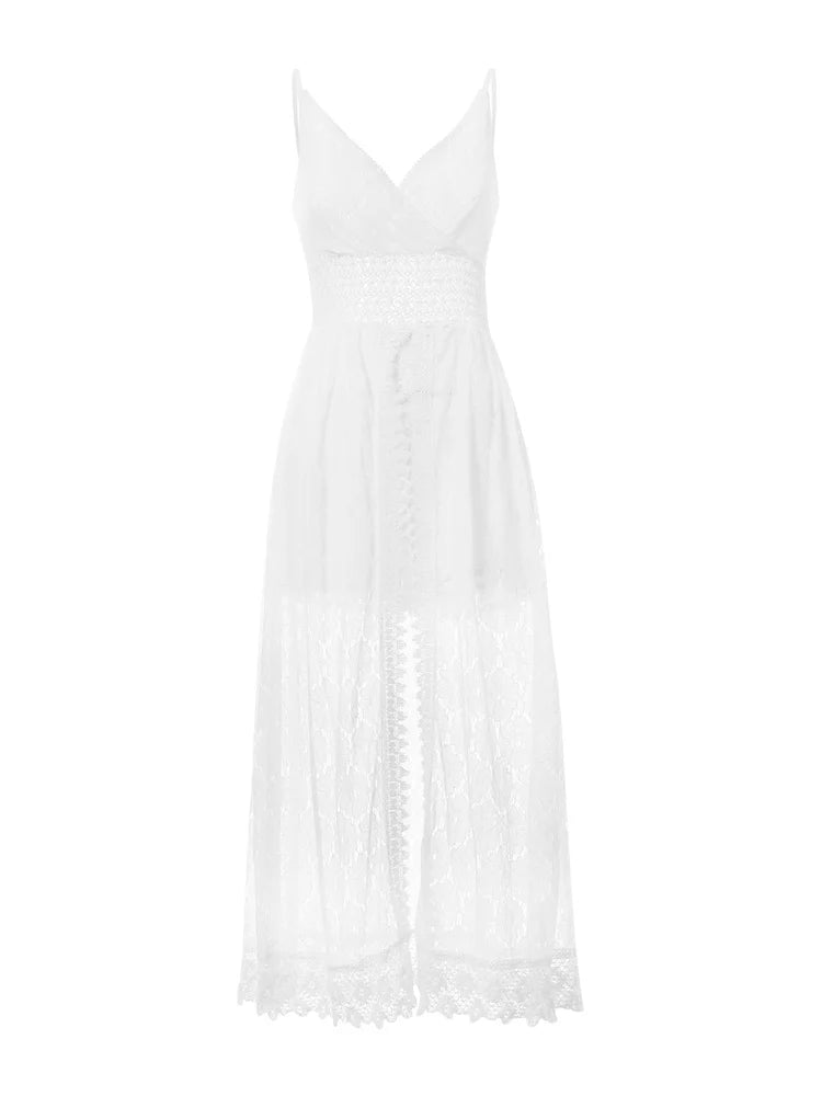 Summer Women Lace Playsuit Dress Sleeveless V Neck Hollow Out Irregular Midi Dress Sexy Elegant Casual Bohemian Dresses