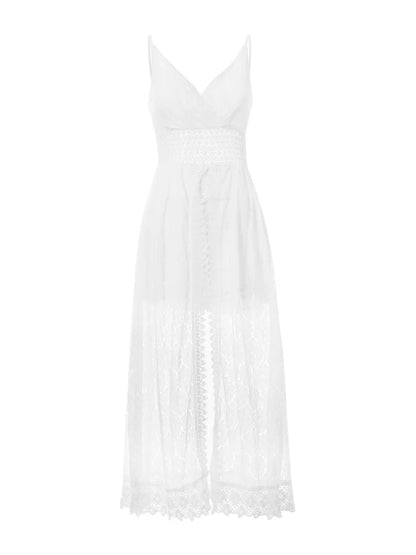 Summer Women Lace Playsuit Dress Sleeveless V Neck Hollow Out Irregular Midi Dress Sexy Elegant Casual Bohemian Dresses