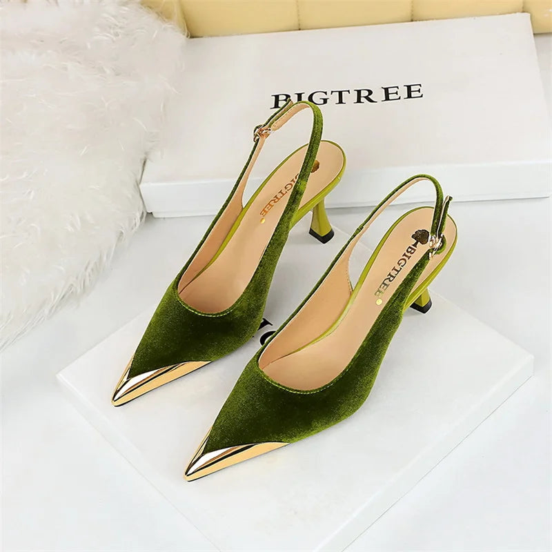 Elegant Women Green High Heel Velvet Pumps Wedding Party Slingback Sandals Metal Pointed Toe Hollow Buckle Wine Red Shoes