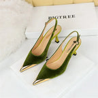 Elegant Women Green High Heel Velvet Pumps Wedding Party Slingback Sandals Metal Pointed Toe Hollow Buckle Wine Red Shoes