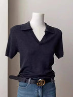 French short shoulder sleeve women's lapel knit top women's spring and summer thin ice silk polo collar  of solid color T-shirt