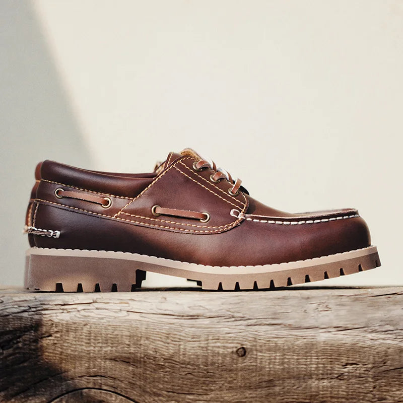 Maden Men's Vintage Boat Shoes Lace-up Round Toe Derby Shoes Low Top Boots British Style Classic Work Dress Shoes