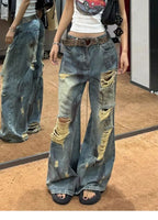 Women's Light Blue Distressed Wide Leg Jeans High Waist Heavy Ripped Vintage Y2K Baggy Denim Pants