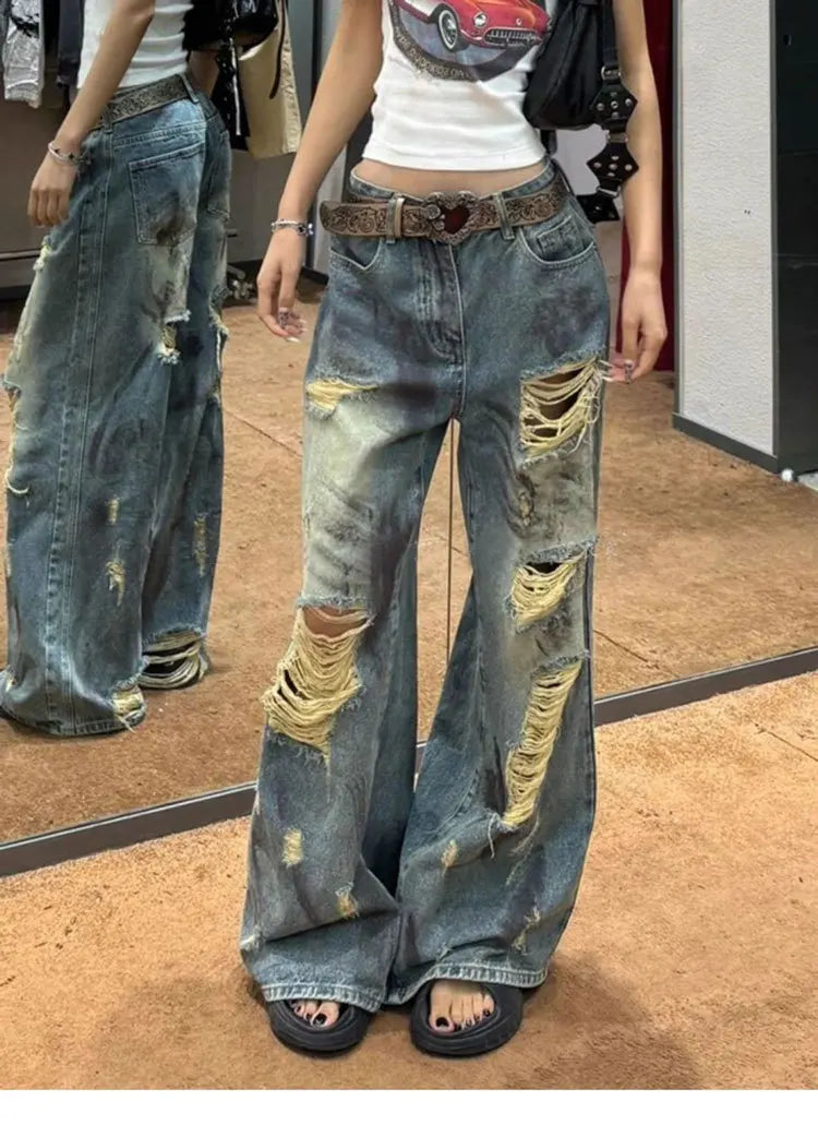 Women's Light Blue Distressed Wide Leg Jeans High Waist Heavy Ripped Vintage Y2K Baggy Denim Pants