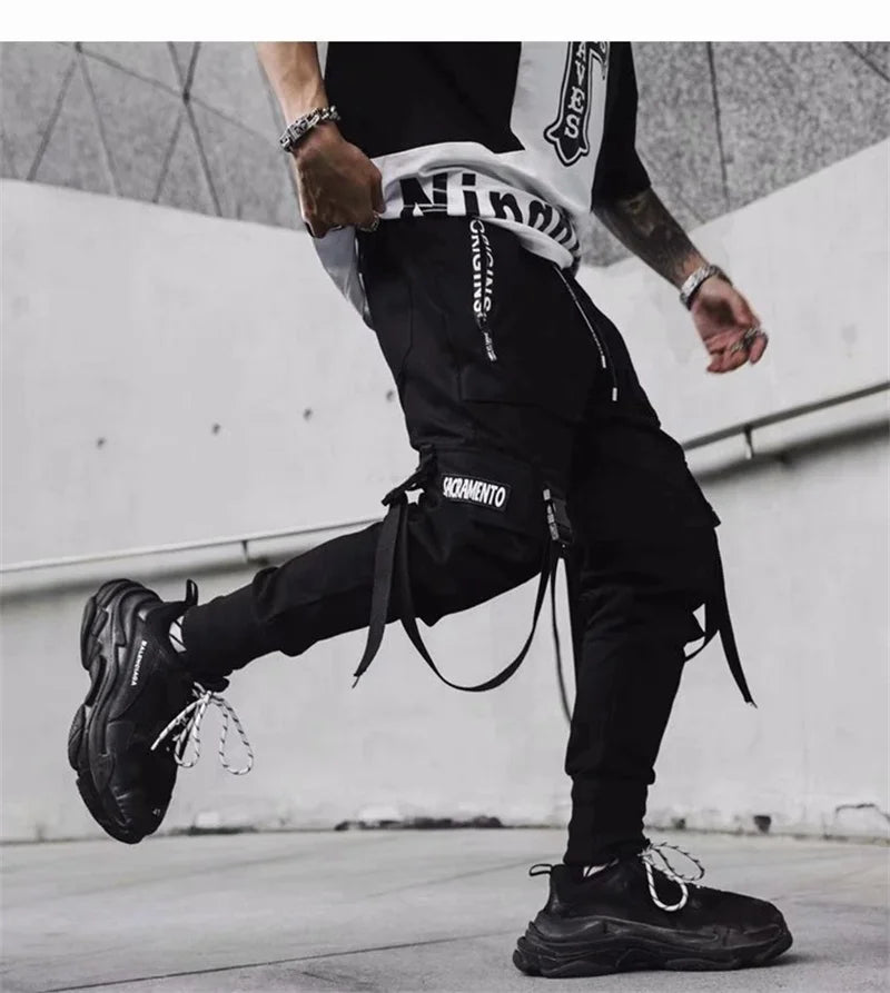 Y2K Joggers Cargo Pants For Men Casual Hip Hop Pocket Male Trousers Sweatpants Street Ribbons Techwear White Pant Pantalon Homme